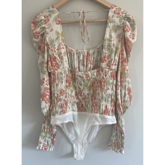 Intimately Free People Bodysuit Top Puff Sleeve Cream Pink Blue Small S - Picture 2 of 5